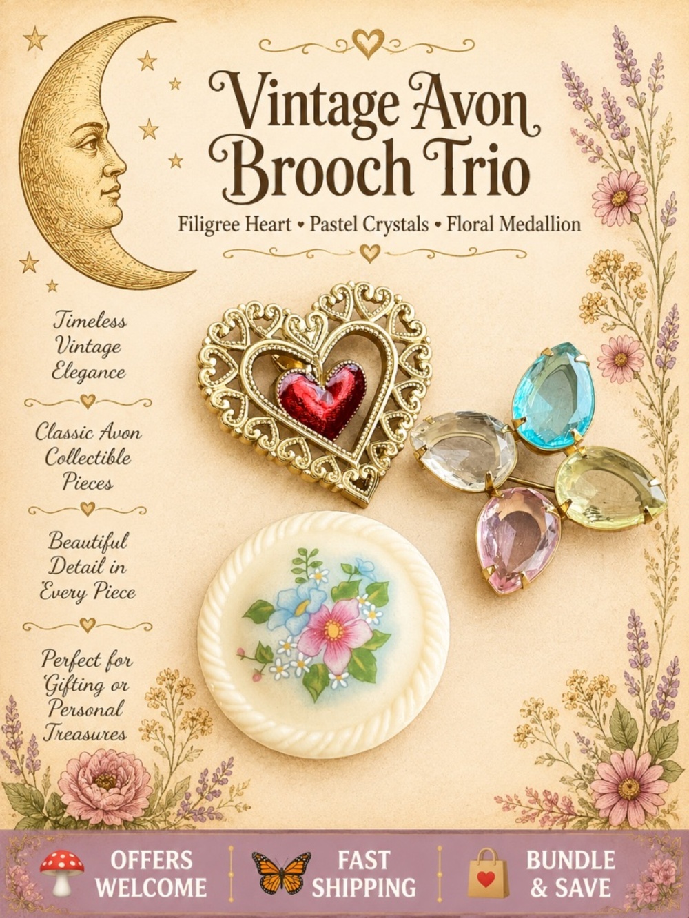 Set of 3 Vintage Avon Brooches Filigree Heart Pastel Crystal Leaf Floral